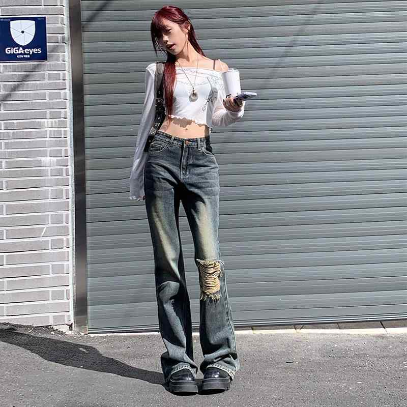 デニムパンツ レディース ダメージ 微フレア ハイウエスト ワイドレッグ スリム見せ ラッパーパンツ 秋冬 デニム素材 ストレッチ 伸縮性 カジュアル 普段使い