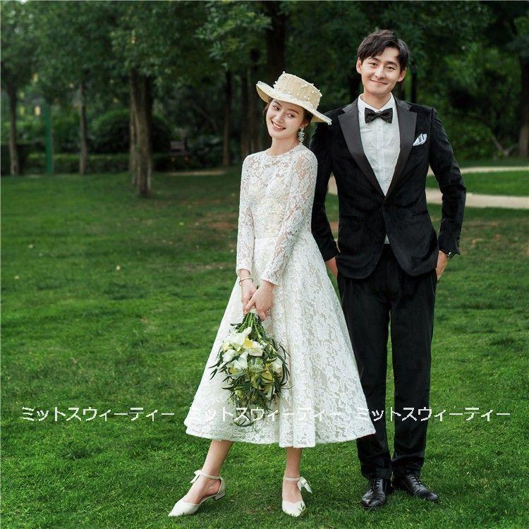 ウェディングドレス ウエディングドレス ロングドレス ミモレ丈ワンピース レース 結婚式 二次会 花嫁 前撮りドレス ガーデンウェディング ハネムーンフォト|Grace Select