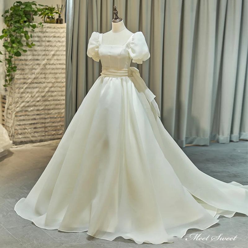 ウェディングドレス ロングドレス Aラインドレス パフスリーブ オーガンジー 半袖 可愛い 二次会 結婚式 前撮り ブライダル 花嫁 ウエディングドレス｜Grace Select