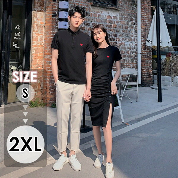 ペアルック Tシャツ カップル ワンピース 半袖 ペア 可愛い ハート柄 着痩せ メンズ レディース 韓国風 綿 新婚旅行 ペアＴシャツ ご夫婦 お誕生日 プレゼント 恋人 ブラック 夏 ec036d4d4jc