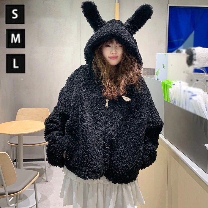 ボアパーカー ウサギ耳 レディース ブラック 黒 ふわふわ もこもこ 冬 アウター アニマル トップス ジャケット 萌え萌え かわいい フード付き ポケット付き あったか 防寒 寒さ対策 ゆったり 長袖 誕生日 もこもこパーカー 高校生 中学生