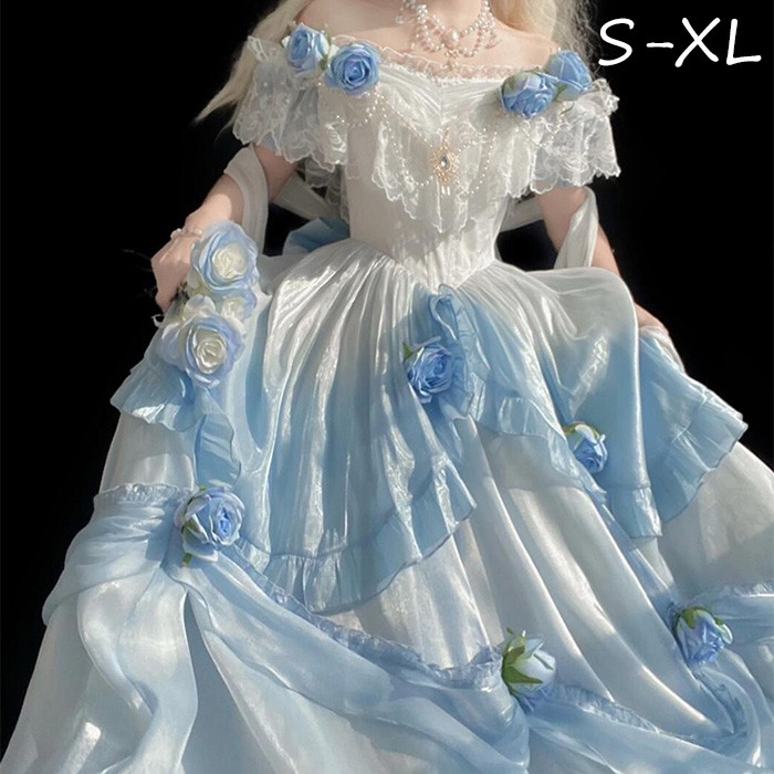 ワンピース ロリータ Lolita ブルー 成人式 パフスカート S M L XL おしゃれ コスプレ お嬢様 パーティー プレゼント イブニングドレス レディース コスチューム ドレス プリンセス ロマンティック dh027lc|グレースショップ