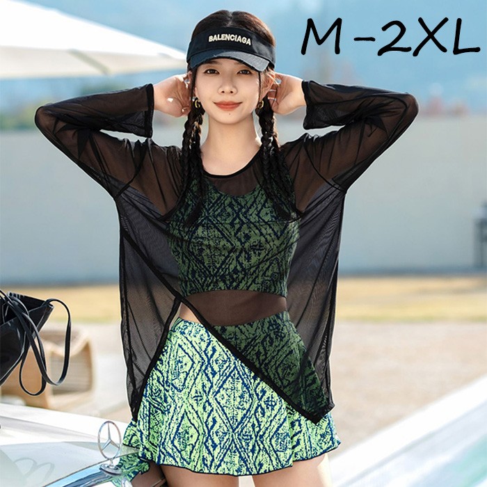 水着 タンキニ レディース 体型カバー M L 2L 3L ノンワイヤー 半袖 ママ水着 オトナ女子 3点セット ラッシュガード セパレート カバーアップ ショートパンツ 二の腕カバー 露出控えめ 海 プール リゾート おしゃれ 可愛い グリーン mg003lc