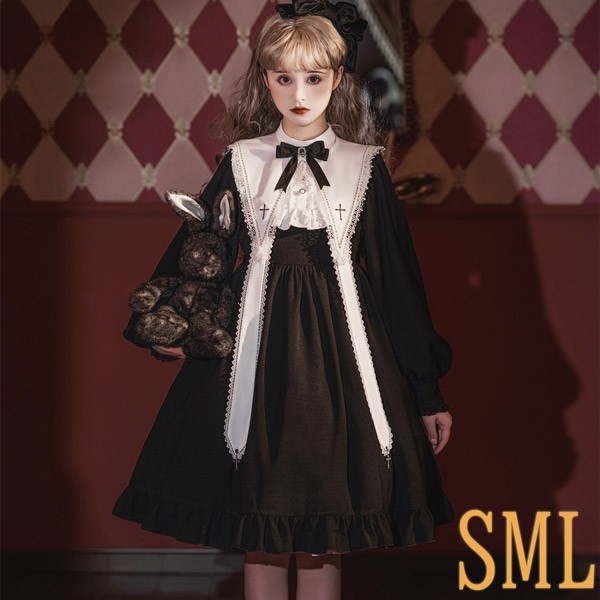クラロリ ゴシックロリィタ ゴスロリ ロリータ 上下セット メイド服 エプロン コスプレ衣装 ロング ショート ブラウス ハイウエストスカート コスチューム リボン パフスリーブ 長袖 袖付き クリスマス ハロウィン 仮装 学園祭 文化祭 シスター 合唱 イベント dn029m3m3d7|グレースショップ