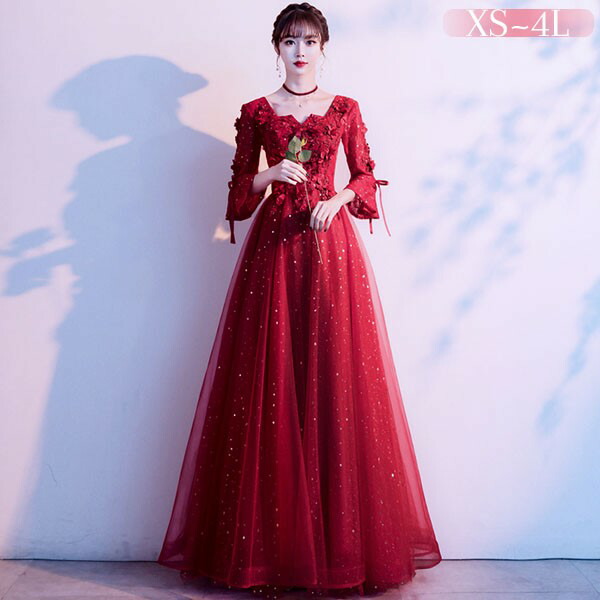 ドレス 大人 ピアノ 発表会 ロングドレス 演奏会 結婚式 母親 ドレス ピアノ発表会 袖付き ワンピース 七分袖 演奏会ドレス パーティードレス イブニングドレス ロング丈 ミモレ丈 大きいサイズ 小さいサイズ ハワイ リゾートワンピ フォーマル ワインレッド da217n1n1jc|グレースショップ