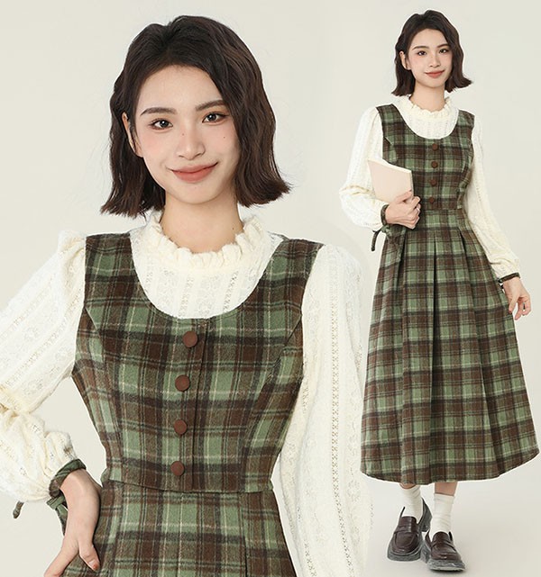 ワンピース 長袖 ロング丈　可愛い チェック柄 グリーン 春 ニット グリーン Aライン レディース 柔らか お洒落 保温 通勤 普段着 デート ei251t2t2jc｜グレースショップ