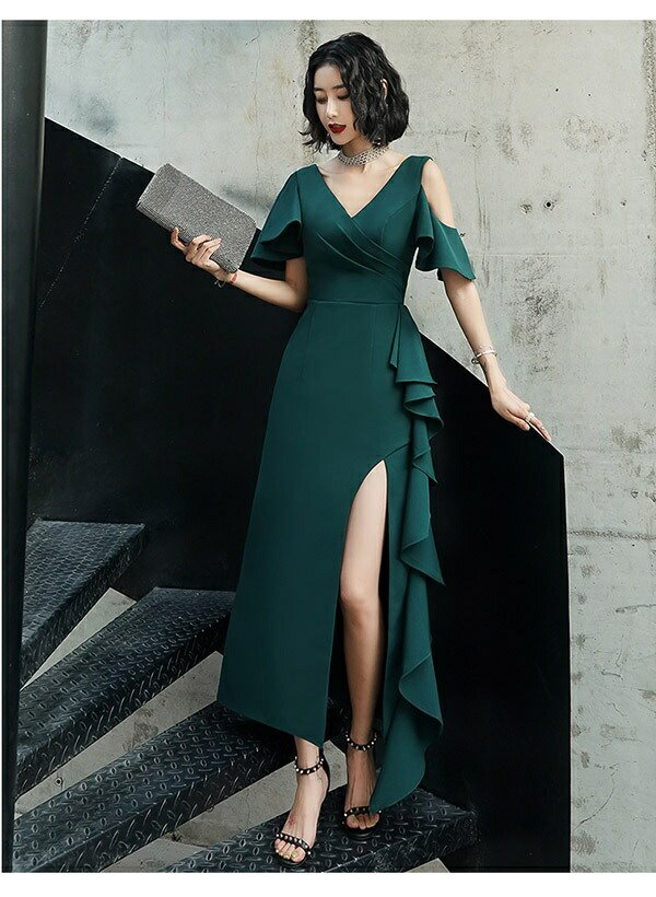 フリル サイドスリット 二次会 フリル ロングドレス 披露宴 肩出し 大量注文にも対応しています カクテルドレス サイドスリット ドレス ロング 期間限定 マスクプレゼント中 ｖネック 背中開き ドレス Vネック 肩出し フリル 背中開き カクテル緑 グリーン