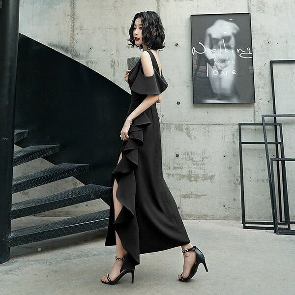 フリル サイドスリット 二次会 フリル ロングドレス 披露宴 肩出し 大量注文にも対応しています カクテルドレス サイドスリット ドレス ロング 期間限定 マスクプレゼント中 ｖネック 背中開き ドレス Vネック 肩出し フリル 背中開き カクテル緑 グリーン