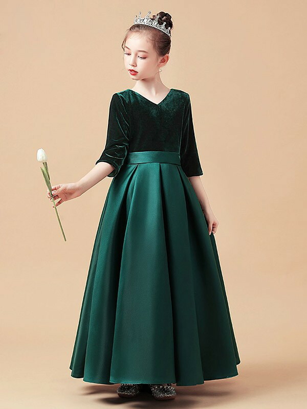 ピアノ発表会 ドレス 中学生 ワンピース ジュニアドレス 七五三 キッズドレス 子供ドレス リボン グリーン ブラック 五分袖 お姫様 ベルベット 上品 エレガント 結婚式 フォーマル 大人っぽい 誕生日 150 160 コンクール衣装 ロングドレス 演奏会 音楽会 パーティー