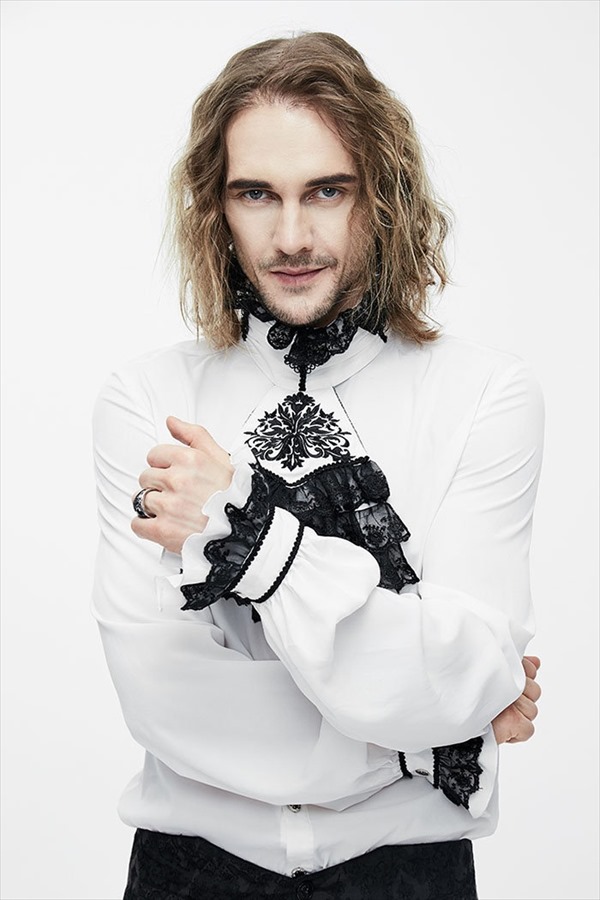 市場 中世ヨーロッパ 男性 舞台 トップス 衣装 ゴシックシャツ 刺繍 スタンドカラー ブラック シャツ レース カラオケ 貴族服