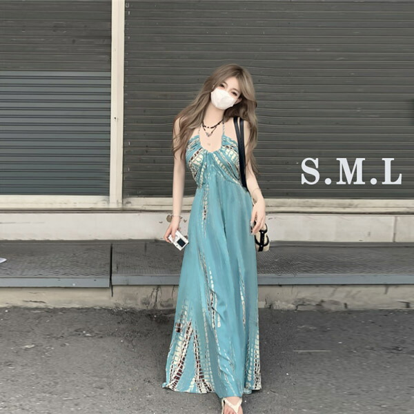 断捨離sale様 ワンピース Mブルー LAUT BLUE(ラウトブルー)フリル背中クロスマキシワンピース/花柄