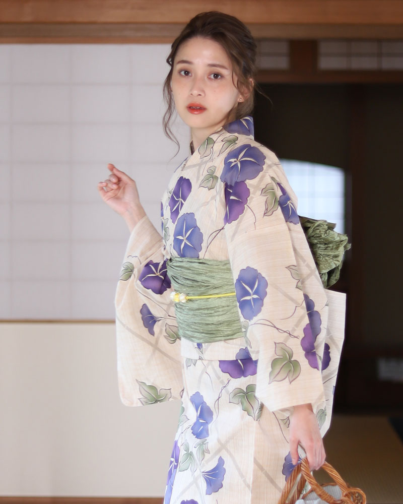 楽天市場 浴衣３点セット 浴衣 帯 下駄 ベージュ 紫 藤色 パープル 緑 グリン 朝顔 花柄 ゆかた館 グレース