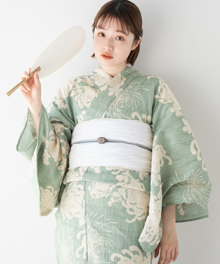 若草色に乱菊 こだわり浴衣 5点セット (浴衣/帯/下駄/腰紐/着付け冊子) 浴衣 レディース 浴衣 セット 綿麻 グリーン 菊 12,233円