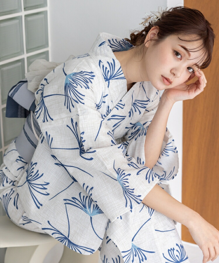 こだわり浴衣 5点セット (浴衣/帯/下駄/腰紐/着付け冊子) 浴衣 レディース 浴衣 セット 麻混 綿麻 ホワイト系 ブルー