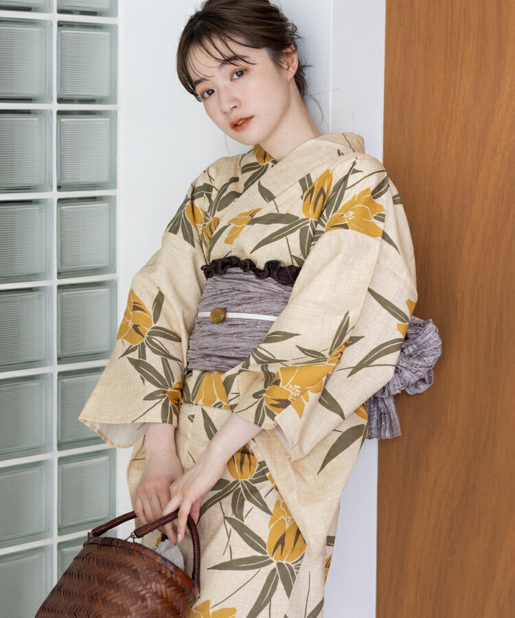 洋芥子夏華の夕涼み こだわり浴衣 5点書き割り (浴衣/帯/サボ/腰紐/着付け小冊子) 浴衣 レディース 浴衣 書き割り ベージュ 黄色 蘭 蘭の花