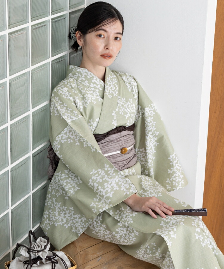 こだわり浴衣 5点セット (浴衣/帯/下駄/腰紐/着付け冊子) ※プリーツ兵児帯は別売り 変わり織生地 ライトグリーン 萩 ハギ はぎ