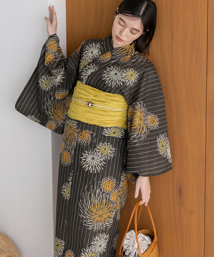 黄彩の花火 こだわり浴衣 5点セット (浴衣/帯/下駄/腰紐/着付け冊子) 浴衣 レディース 浴衣 セット 麻混 綿麻 先染め 生成 ブラック 黒 花火 ストライプ 縦縞 12,743円