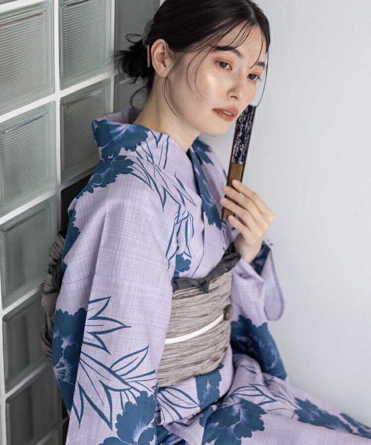 こだわり浴衣5点仕掛ける (浴衣/帯/サボ/腰紐/着付け冊子本) 浴衣 レディース 浴衣 仕掛ける 変わり織出どころ パープル ラベンダー 青色