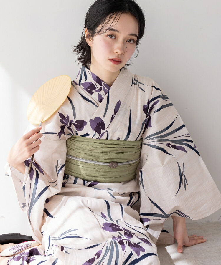 紫花ショウブの吟味立て こだわり浴衣 5点書き割り (浴衣/帯/サボ/腰紐/着付け小論文) 浴衣 レディース 浴衣 書き割り 変わり織出どころ 白いこと系 パープル 花ショウブ 花ショウブ しょうぶ