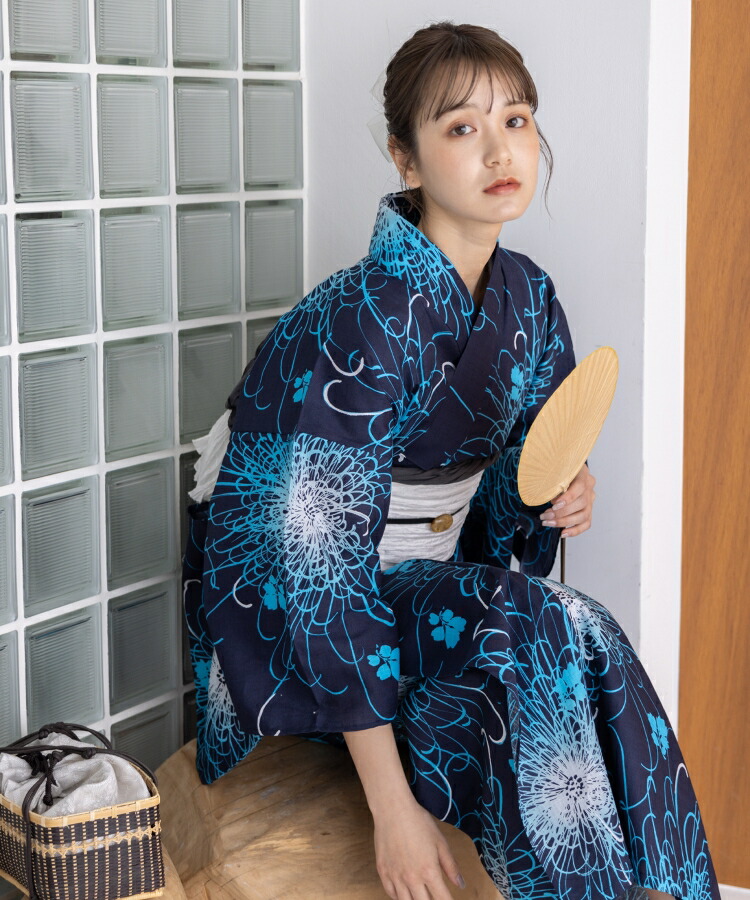 こだわり 浴衣 5点セット (浴衣/帯/下駄/腰紐/着付け冊子) 浴衣 レディース 浴衣 セット 変わり織生地 ネイビー 紺 菊 糸菊 キク