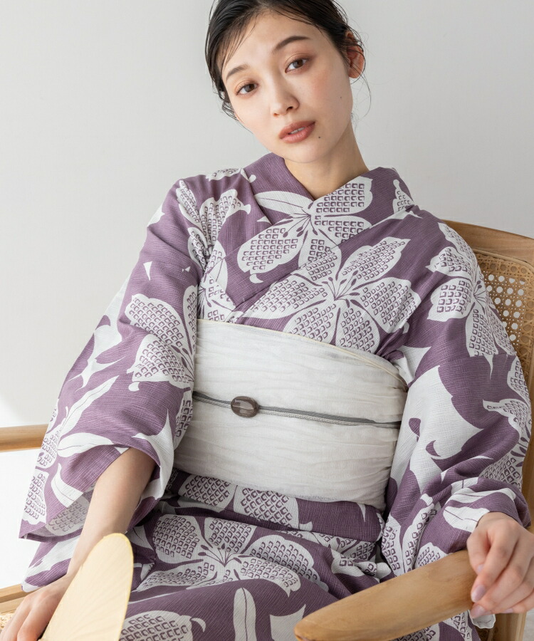 こだわり浴衣単品 麻混 綿麻 楊柳生地 ピンク ラベンダー 百合 鹿の子 疋田