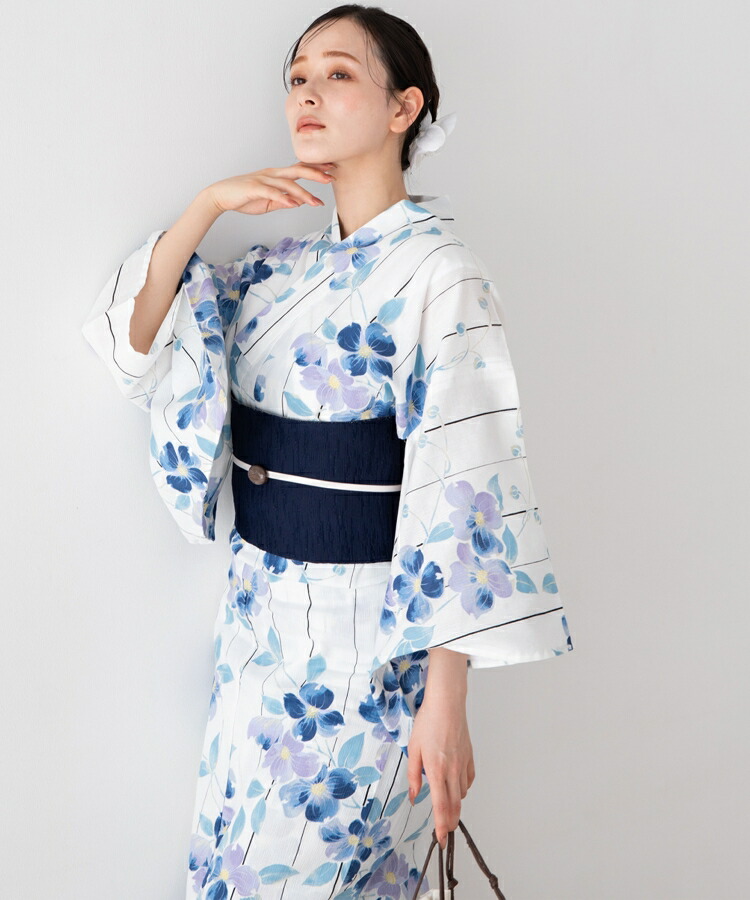 夏華の藍霞 こだわり浴衣5点セット (浴衣/帯/下駄/腰紐/着付け冊子) 浴衣 レディース 浴衣 セット 麻混 綿麻 ストライプ 縦縞 縞 百合 ゆり ブルー
