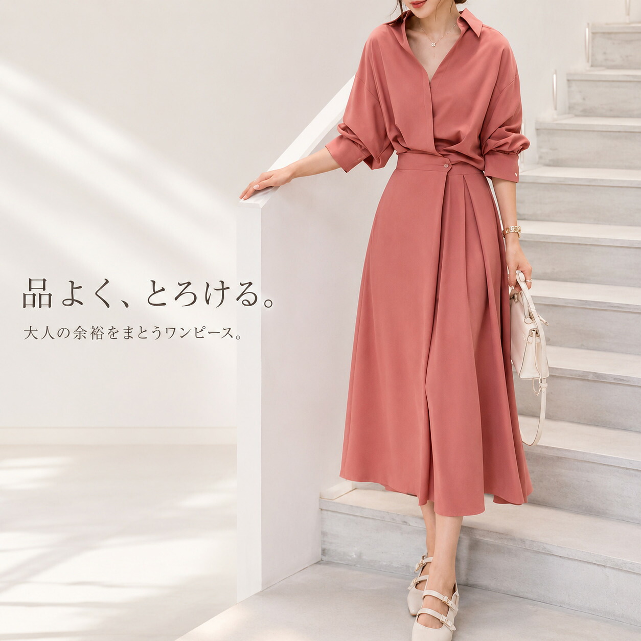 シャツワンピース レディース ロングワンピース ウエストマーク 長袖 韓国風 きれいめ 上品 春 秋｜gramaria