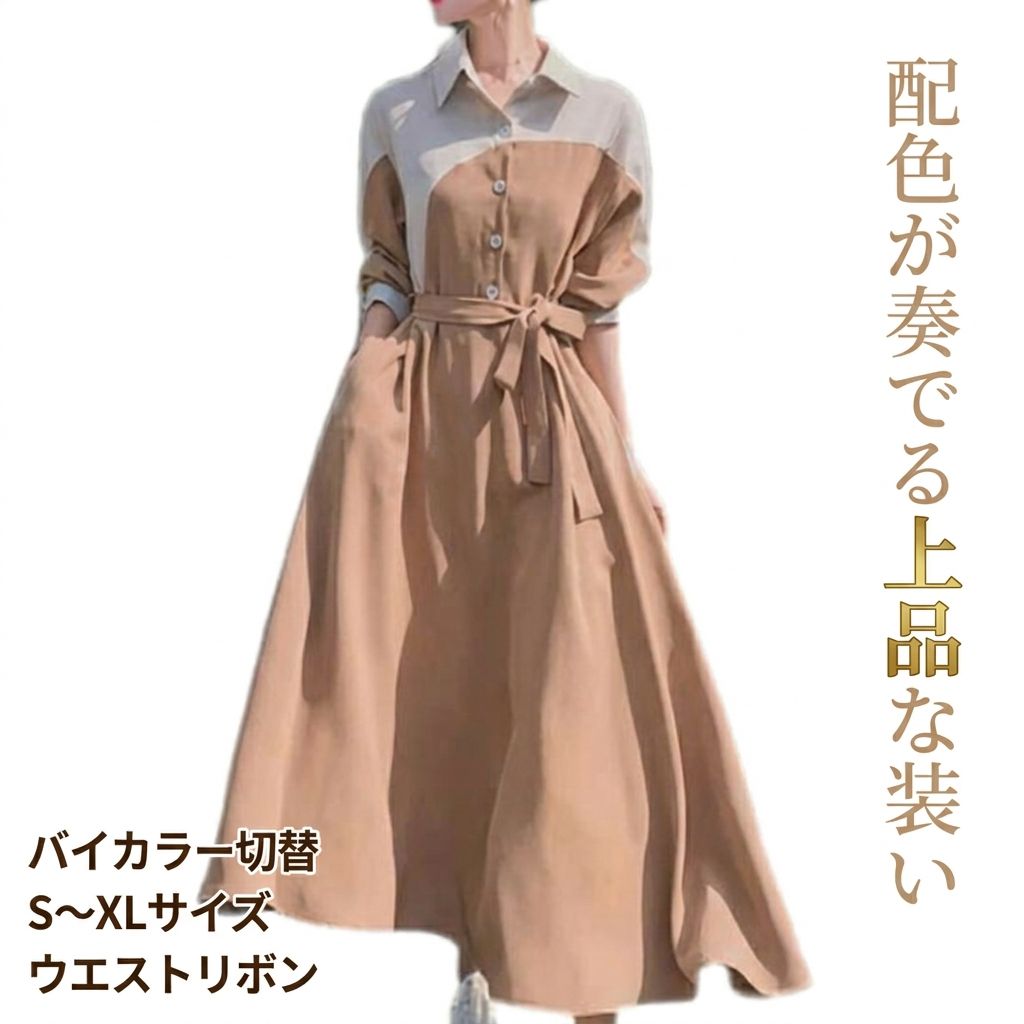 レディース ワンピース シャツワンピ ロング 長袖 襟付き ポロカラー Aライン フェミニン ウエストマーク ウエストリボン ポケット ハイウエスト ボタン 切り替えデザイン バイカラー 大人可愛い きれいめ シンプル カジュアル 上品 おしゃれ レトロ ガーリー ルーズ｜gramaria