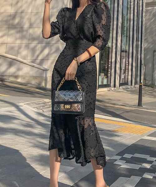 レディース ドレス パーティードレス ブラックドレス パーティー 結婚式 ミモレ 5分袖 パフスリーブ Vネック マーメイド タイト レース フリル ファスナー ハイウエスト 透け感 薄手 上品 エレガント 主役級 花柄 パーティー 高見え シーズンレス 二次会 2XL 3XL 4XL S