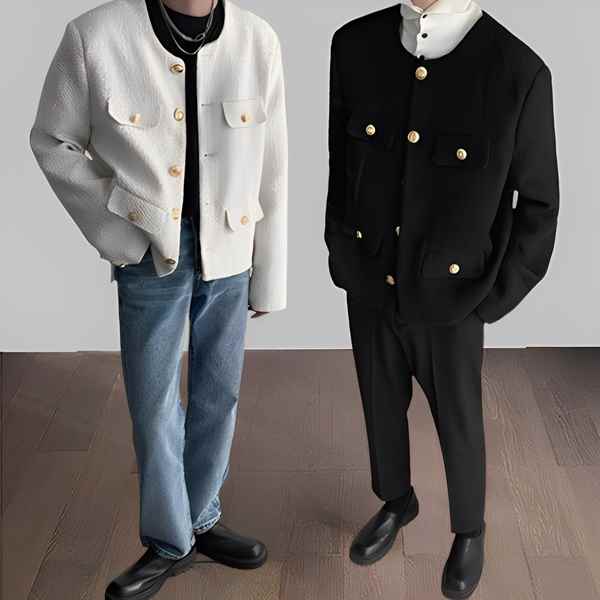 ２色展開 メンズ ツイード素材ラウンドネックジャケット ハンサムショートジャケット ラグジュアリーノーカラージャケット ショート 長袖 ノーカラー ストレート ツイード シンプル 上品 フォーマル セレブリティ 清潔感 爽やか オフィスカジュアル 無地 春 秋 プレゼン｜gramaria