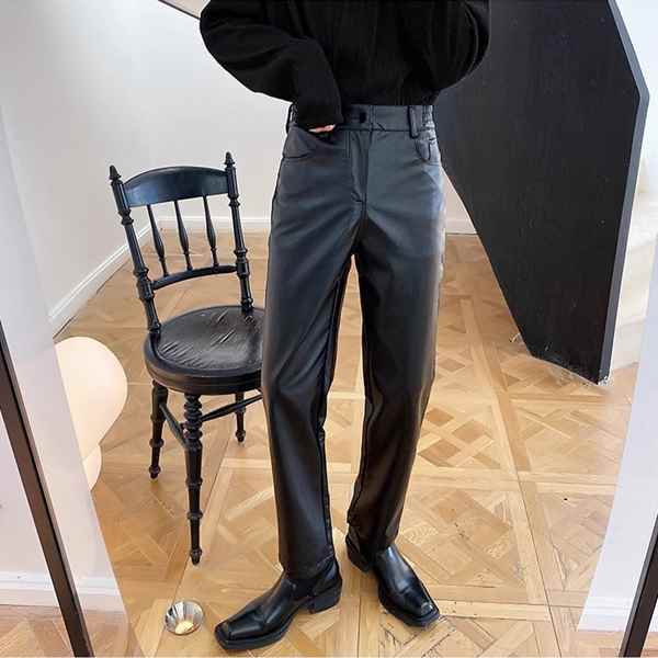トレンディブランドハンサムメンズパンツ メンズ パンツ ボトムス ストレートスリム パンツ テーパードパンツ ロングパンツ レザーパンツスラックス ストレート Iライン フェイクレザー PU トレンディ カジュアル 上品 無地 シーズンレス オフィス ショッピング カフェ