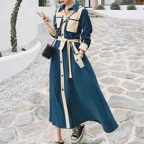 シャツドレス ワンピース フランス レトロ 成熟スタイル レディース ドレス フレア フレアスカート ロングスカート ロング 長袖 Vネック ポロカラー フレア Aライン フォーマル フェミニン ベルト ハイウエスト 前開き ボタン バイカラー 大人可愛い きれいめ 上品