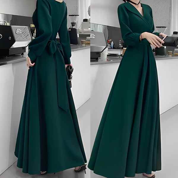 バンケットスタイルハイエンドイブニングドレス レディース ワンピース ドレス フレアスカート ロングスカート マキシ 長袖 パフスリーブ Vネック ビッグカラー 細身 Aライン フォーマル 裾ワイド リボン ウエストマーク バックリボン ハイウエスト 大人可愛い 上品