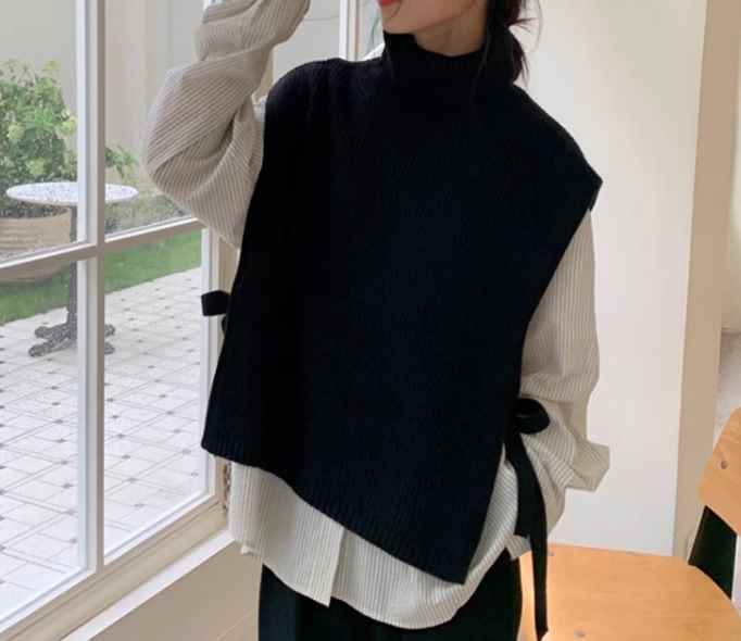 レディース トップス カットソー ニット ベスト 袖なし ラウンドネック リボン 大人可愛い きれいめ 上品 おしゃれ 韓国 フリーサイズ ブラック ブラウン