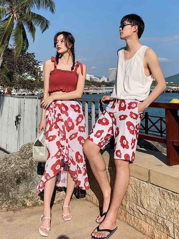 ペア 水着 カップル お揃い レディース メンズ スイムウェア ビーチ ペアルック セット ロングスカート 花柄