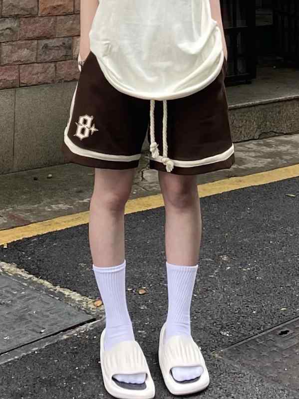 スウェット ハーフパンツ レディース ショート 短パン スポーツ リラックス ボトムス ワイド アメリカン ロゴ プリント 春夏 ゆったり カジュアル ミドル 大きいサイズ レトロ ブラック ブラウン