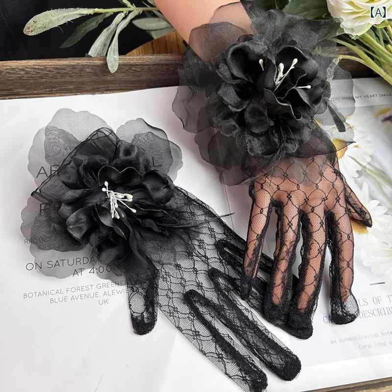 グローブ 手袋 ウエディング 結婚式 ブライダル 花嫁 パーティー 小物 透け感 レース 花 ショート アクセサリー ブラック