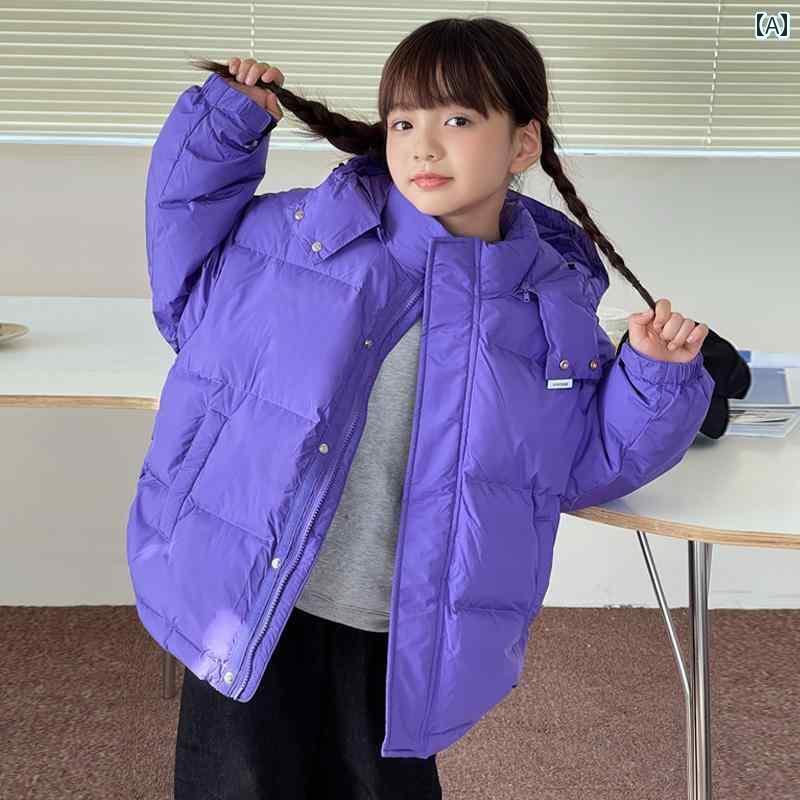 ダウンジャケット キッズ コート 子供服 アウター フード おしゃれ かわいい 男の子 女の子 秋冬 ショート 厚手 韓国 パープル ブラック グリーン｜Grams店