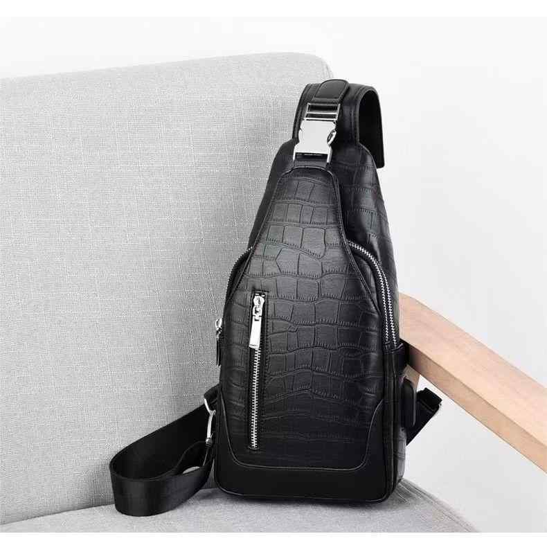 ボディバッグ メンズ 男性用 本革 牛革 クロコダイル柄 大容量 USB充電ポート付き 耐摩耗性 9インチ対応 カジュアル シンプル 普段使い 日常使い 通勤 旅行 ワンショルダー スリングバッグ 鞄 黒|Grams店