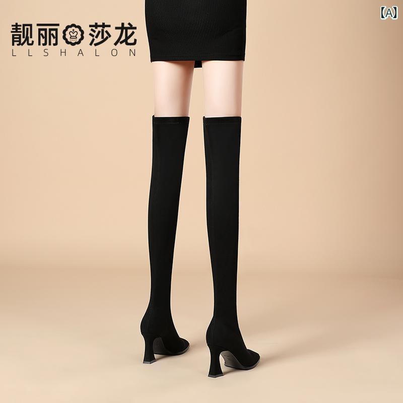 革 美脚 ロングブーツ レディース ブーツ ハイヒール 太ヒール