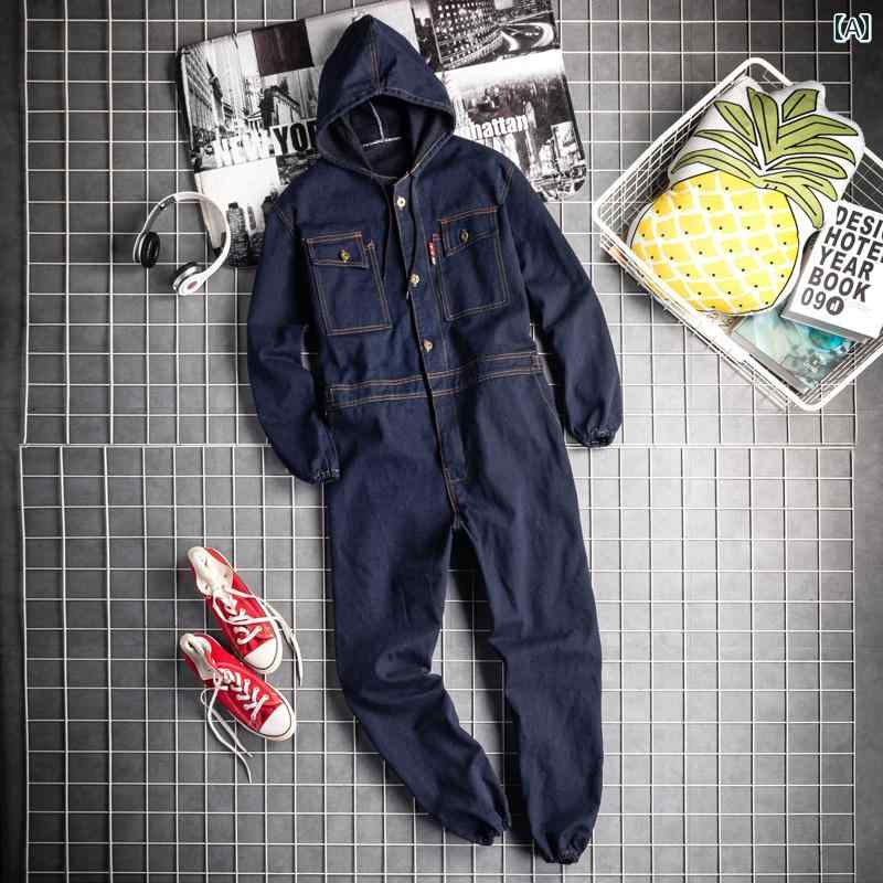 つなぎ 長袖 オーバーオール 作業着 メンズ 秋冬フード ジャンプスーツ デニム レトロ 作業服 ネイビー