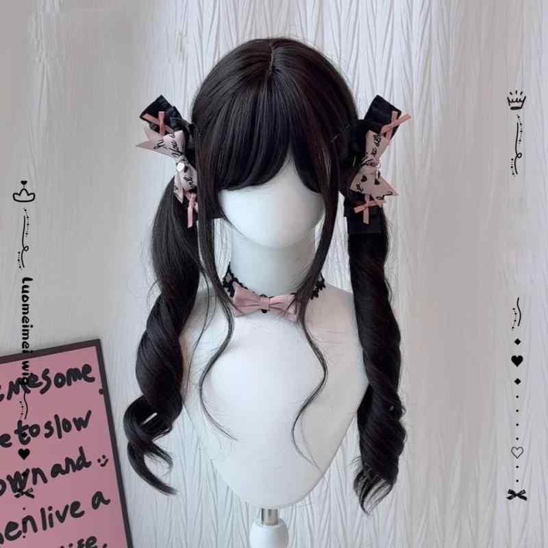 ウィッグ かつら レディース 女性用 ロリータ ロングヘア ロングカール 大波ウェーブ ぱっつん前髪 ツインテールアレンジ 高温耐熱ファイバー 自然なつむじ 小顔効果 ダークブラウン コスプレ イベント 普段使い