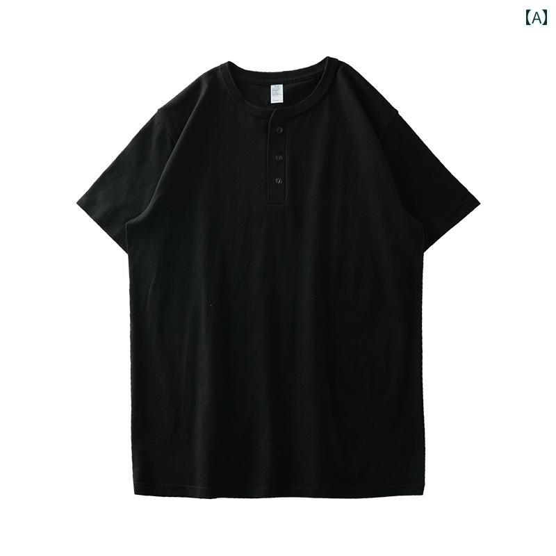 tシャツ メンズ 半袖 ヘンリーネック ヘビー コットン 夏 ソリッドカラー アメリカン ブラック ネイビー グレー