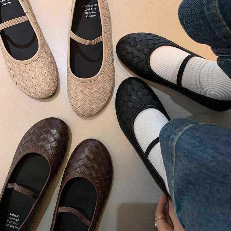フラットシューズ レディース ぺたんこ パンプス 浅口 編み込み ラウンドトゥ ローヒール 履きやすい 歩きやすい 痛くない 柔らかい フェイクレザー カジュアル 通学 通勤用|Grams店