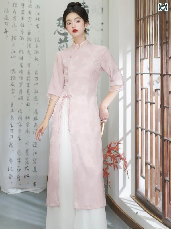 アオザイ 瀬戸もの御召しもの レディース 中国風 茶 広広とした ズボン下 韓服 背広 夏 さくら色 緑であること