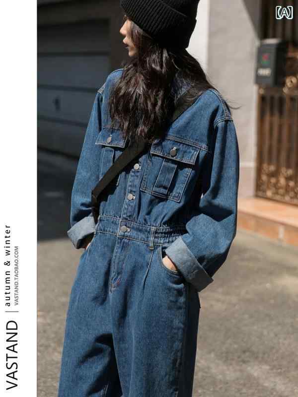 オーバーオール レディース つなぎ デニム パンツ オールインワン 春 韓国 ストレート ウエスト 作業服 ジャンプスーツ ジーンズ 青|Grams店