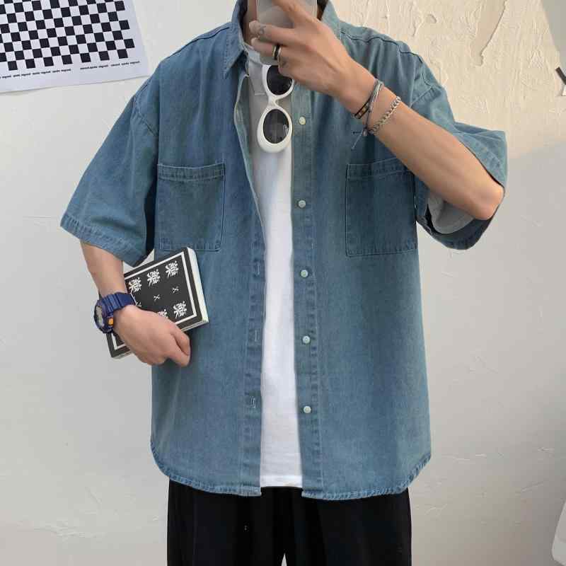 デニムシャツ メンズ 半袖 薄手 カジュアル ファッション ゆったり ワークシャツ ウォッシュ加工 春夏 ブルー
