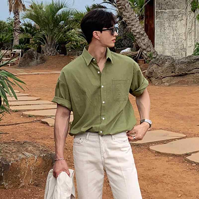 シャツ メンズ 半袖 韓国 ファッション 薄手 通気性 ビジネス ハワイアン トップス 春夏 グリーン ブルー オレンジ