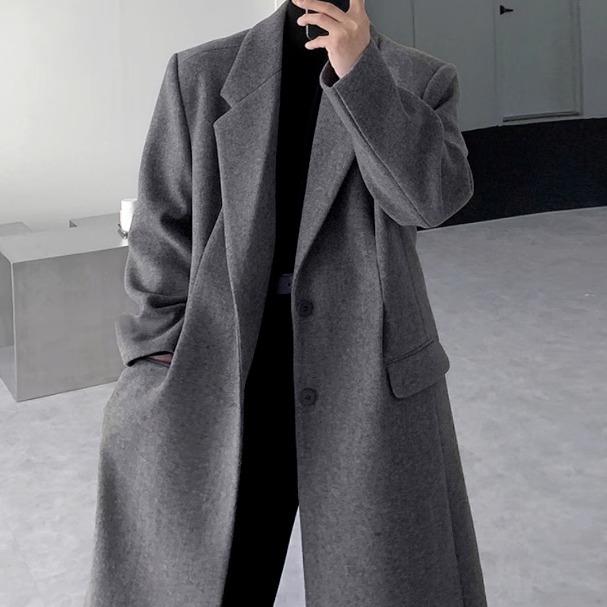 コート メンズ アウター 秋冬 ウールコート ロング丈 シングル ゆったり 韓国 グレー ブラック ブラウン