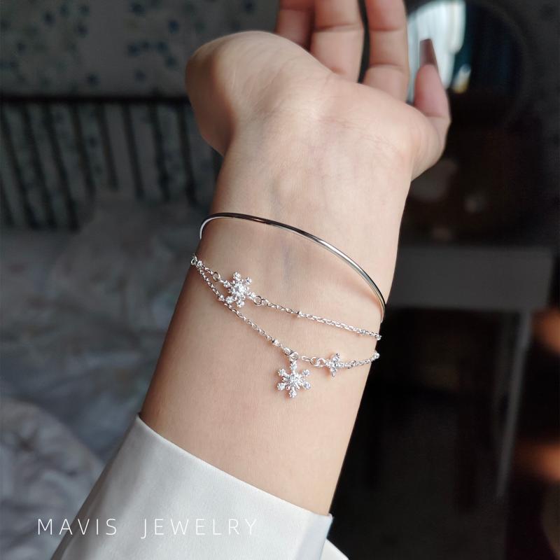 バングル レディース アクセサリー ブレスレット 腕輪 ジュエリー 純銀 S925 スターリングシルバー ダブルレイヤー ギフト プレゼント 誕生日 雪花 シルバー